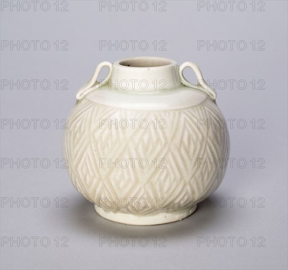Globular Loop-Handled Jar with Diamond Pattern, Five Dynasties period (907–960) or Northern Song dynasty (960–1127), c. 10th/11th century, China, Ding-type ware, porcelain with underglaze carved decoration, H. 6.7 cm (2 11/16 in.), diam. 7.5 cm (3 in.)