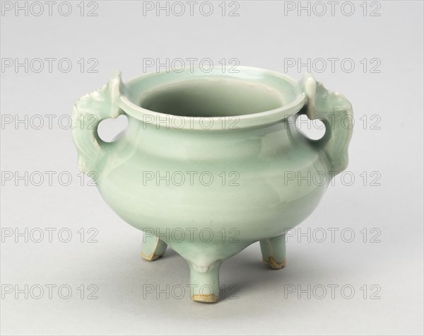 Tripod Incense Burner (Censer) with Monster-Head Feet and Loop Handles, Southern Song dynasty (1127–1279), China, Longquan ware, stoneware with underglaze molded decoration, H. 7.9 cm (3 1/8 in.), diam. 10.1 cm (4 in.)