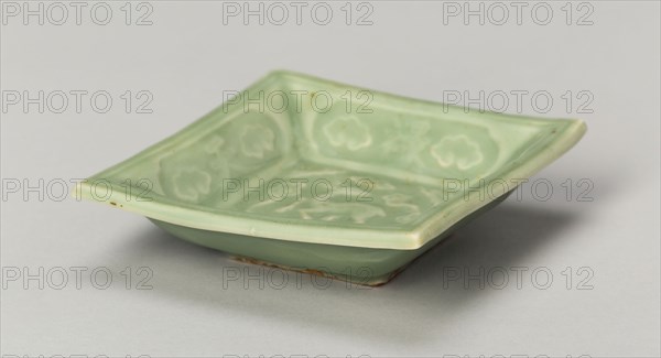 Square Dish with Symbols of Longevity and Immortality, Yuan dynasty (1271–1368), China, Longquan ware, stoneware with underglaze molded decoration, 2.1 × 8.4 × 8.4 cm (7/8 × 3 5/16 × 3 5/16 in.)