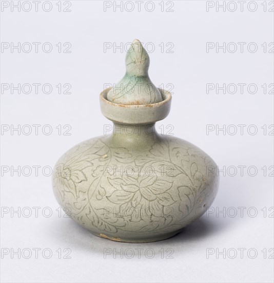 Covered Oil Bottle with Peony Sprays, Goryeo dynasty (918–1392), 12th century, Korean, Korean Peninsula, Stoneware with underglaze incised decoration, H. 6.3 cm (2 1/2 in.), diam. 5.4 cm (2 1/8 in.)