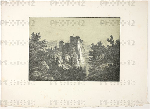 Ruins of a Castle, 1825/27, Carl Blechen, German, 1798-1840, Germany, Lithograph with olive-green tint stone, heightened with white gouache, on ivory wove paper, 154 x 218 mm (image), 257 x 350 mm (sheet)