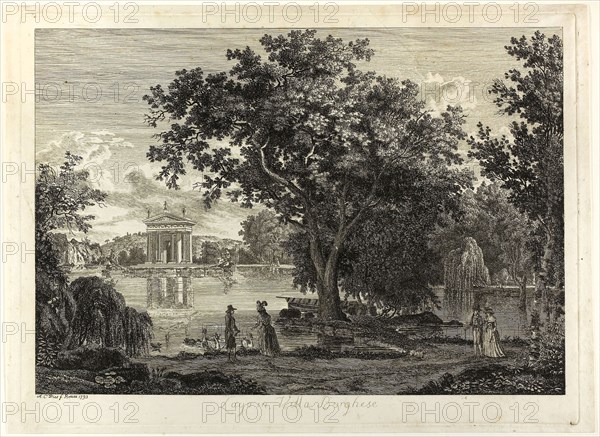 Lake in Villa Borghese, 1793, Albert Christoph Dies, Austrian, born Germany, 1755-1822, Austria, Etching on ivory laid paper, 280 × 377 mm (plate), 290 × 297 mm (sheet)
