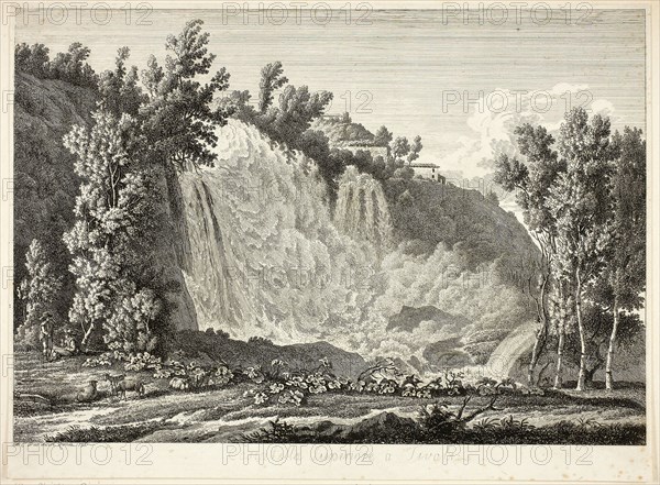 Waterfall Above Tivoli, from Malerisch radirte Prospecte aus Italien, 1792, Albert Christoph Dies, Austrian, born Germany, 1755-1822, Austria, Etching on cream laid paper, tipped along top margin to cream laid paper, 244 × 353 mm (image), 267 × 360 mm (primary support), 325 × 464 mm (secondary support)
