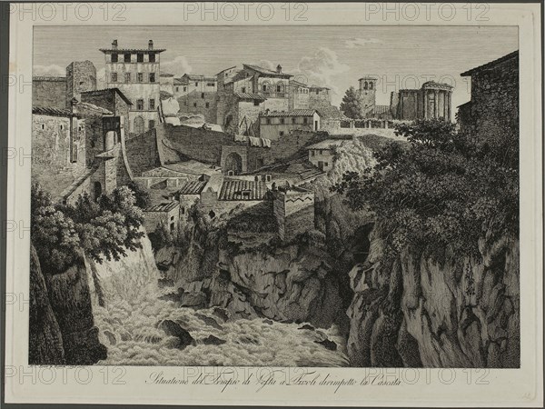 Scene of the Temple of Vesta at Tivoli Facing the Cascades, 1795, Albert Christoph Dies, Austrian, born Germany, 1755–1822, Austria, Etching on ivory wove paper, 240 × 355 mm (image), 280 × 383 mm (plate), 289 × 388 mm (sheet)
