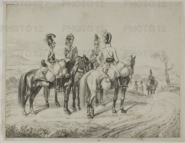 Four Cuirassiers on an Incline, 1818, Johann Christoph Erhard, German, 1795-1822, Germany, Lithograph on ivory wove paper, 205 x 264 mm