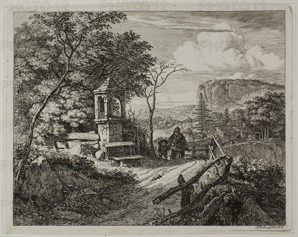 Wood Gatherer with a Boy, plate two from Die zwei grossen Landschaften mit den Betsäulen, 1817, Johann Christoph Erhard, German, 1795-1822, Germany, Etching on white paper, 157 × 200 mm (image), 169 × 214 mm (sheet)