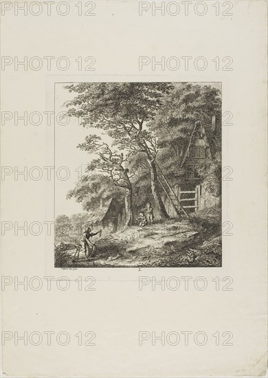 Fishermen with Children, plate two from Paysages Dédiés à M. Warelet, 1764, Salomon Gessner, Swiss, 1730-1788, Switzerland, Etching on cream laid paper, 212 x 189 mm (plate), 389 x 276 mm (sheet)