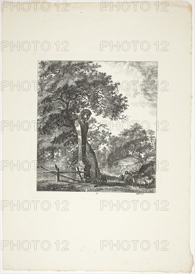 Sheep by a Statue of Pan, plate five from Paysages Dédiés à M. Warelet, 1764, Salomon Gessner, Swiss, 1730-1788, Switzerland, Etching on cream laid paper, 208 x 189 mm (plate), 390 x 273 mm (sheet)