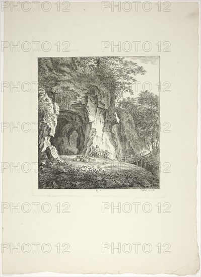 Shepherds and Sheep Resting Under a Bridge, plate seven from Paysages Dédiés à M. Warelet, 1764, Salomon Gessner, Swiss, 1730-1788, Switzerland, Etching on cream laid paper, 207 x 188 mm (plate), 386 x 280 mm (sheet)