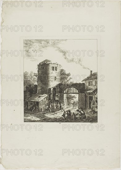Procession through a Rustic Gate, 1764, Salomon Gessner, Swiss, 1730-1788, Switzerland, Etching on cream laid paper, 218 x 188 mm (plate), 392 x 278 mm (sheet)