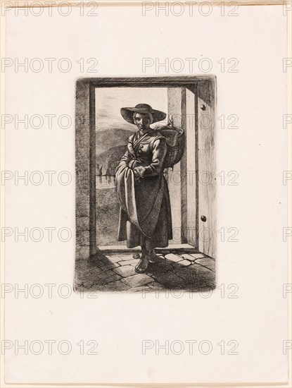 The Hungarian Woman Standing in the Door, 1817, Johann Adam Klein, German, 1792-1875, Germany, Etching in black on ivory wove paper, 150 x 99 mm (plate), 257 x 196 mm (sheet)