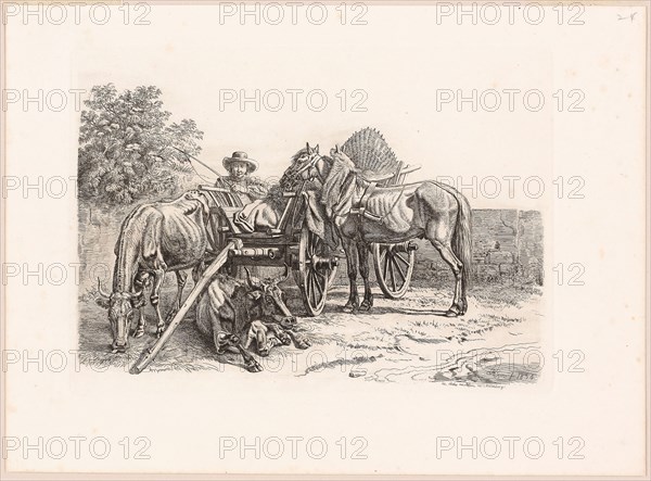 Farmer and His Cart, 1834, Johann Adam Klein, German, 1792-1875, Germany, Etching in black on ivory wove paper, 179 x 250 mm (plate), 242 x 330 mm (sheet)