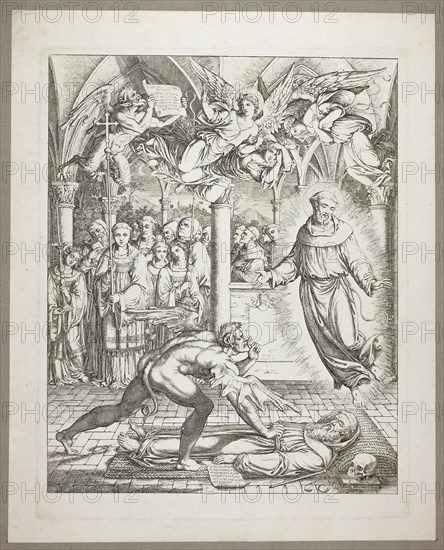 The Struggle Between the Devil and St Francis of Assisi for the Soul of Guido da Montefeltro, plate three from Darstellungen aus Dante’s Hölle, 1807/08, Joseph Anton Koch, German, 1768-1839, Germany, Etching on paper, 400 x 316 mm