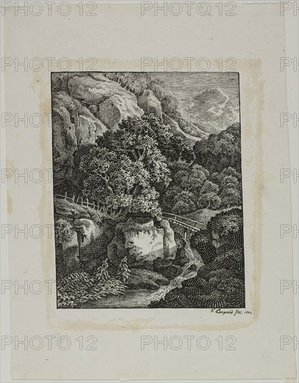 Wooded Mountain Landscape with a Small Waterfall and Pathway, 1805, Franz Joseph Leopold, German, 1783–1832, Germany, Lithograph in black on white wove paper, 168 x 132 mm (image), 262 x 202 mm (sheet)