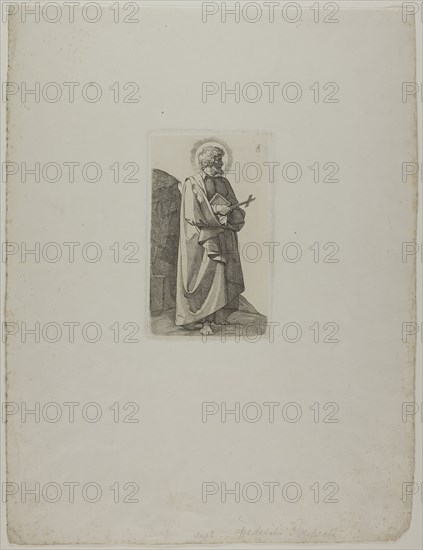 Saint Philipp Neri with Cross and Book, 1826, Johann Friedrich Overbeck, German, 1789-1869, Germany, Etching on wove paper, 138 x 83 mm (image), 363 x 276 mm (sheet)