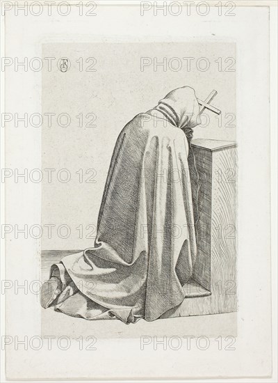 Kneeling Pilgrim with Cross and Book, 1826, Johann Friedrich Overbeck, German, 1789–1869, Germany, Etching on white wove paper, 113 x 75 mm (plate), 142 x 102 mm (sheet)