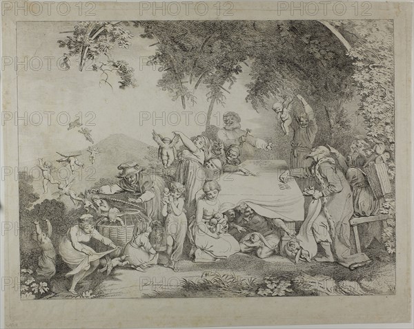 Auction of the Cupids, 1799, Johann Heinrich Ramberg, German, 1763–1840, Germany, Etching on ivory wove paper, 288 x 387 mm (image), 315 x 410 mm (plate), 340 x 422 mm (sheet)