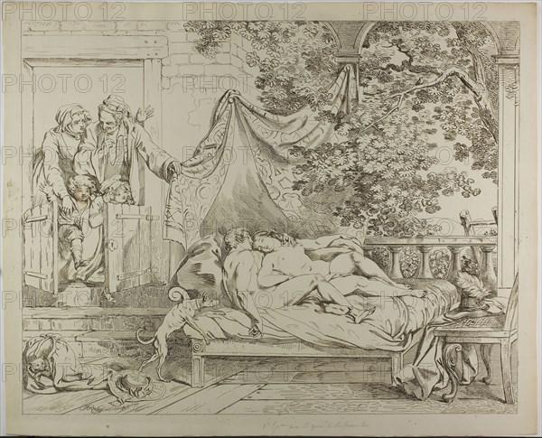 The Lovers, 1799, Johann Heinrich Ramberg, German, 1763-1840, Germany, Pen lithograph in brown on cream wove paper, 444 x 562 mm (image), 490 x 603 mm (sheet)