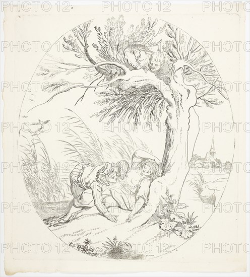 Unobserved Man Spying on Reclining Lovers, 1795, Johann Heinrich Ramberg, German, 1763-1840, Germany, Etching on cream wove paper, 305 x 270 mm (image), 305 x 280 mm (plate), 325 x 292 mm (sheet)