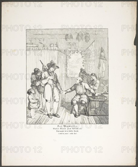 The Signpost, plate ten from Zehn Blätter zu Hebels Alemannischen Gedichten, 1820, Sophie Reinhard (German, 1777-1843), published by Mohr und Winter, Germany, Etching on cream wove paper, 317 x 264 mm (plate), 464 x 379 mm (sheet)