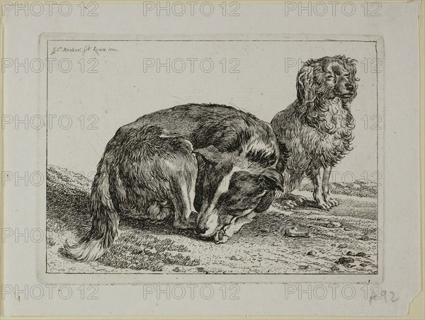 Two Dogs Resting, from Die Zweite Thierfolge, 1800, Johann Christian Reinhart, German, 1761-1847, Germany, Etching on ivory laid paper, 107 x 46 mm (plate), 133 x 176 mm (sheet)