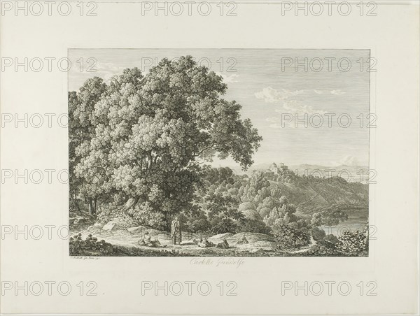 Castle Gandolfo, 1792, Johann Christian Reinhart, German, 1761-1847, Germany, Etching on ivory laid paper, 249 × 361 mm (image), 276 × 374 mm (plate), 376 × 501 mm (sheet)