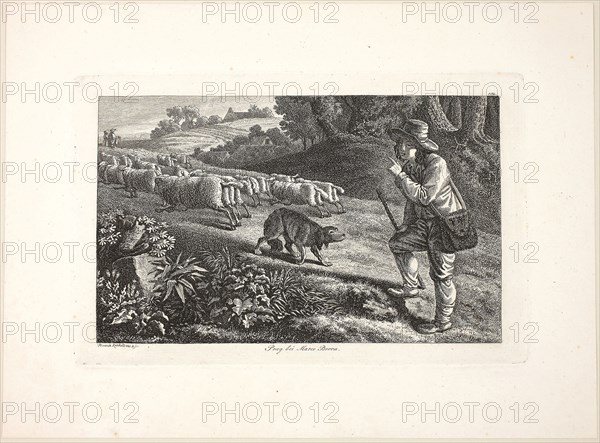 Arcadian Shepherd Boy and his Flock of Sheep, 1810, Heinrich Reinhold, German, 1788–1825, Germany, Etching on wove paper, 112 x 169 mm (image), 122 x 190 mm (plate), 182 x 249 mm (sheet)