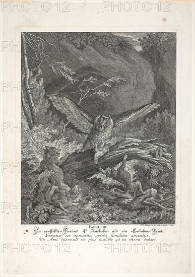 Fable III, plate three from Lehrreiche Fabeln aus dem Reiche der Theire, 1743, Johann Elias Ridinger, German, 1698-1767, Germany, Etching on ivory laid paper, 373 x 300 mm (image), 422 x 320 mm (plate), 526 x 367 mm (sheet)
