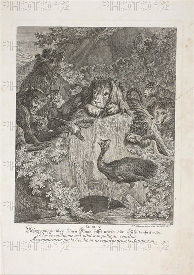 Fable V, plate five from Lehrreiche Fabeln aus dem Reiche der Theire, 1743, Johann Elias Ridinger, German, 1698-1767, Germany, Etching on ivory laid paper, 368 x 299 mm (image), 424 x 318 mm (plate), 512 x 366 mm (sheet)