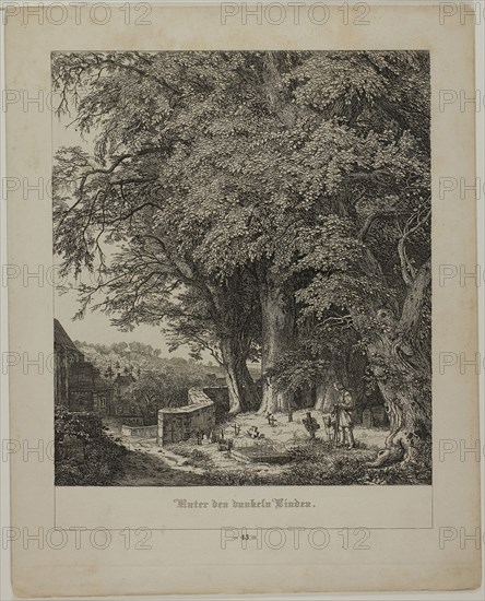 Under the Shady Linden Tree, 1838, Johann Wilhelm Schirmer, German, 1807-1863, Germany, Etching on ivory wove paper, 212 x 186 mm (image), 288 x 230 mm (sheet)