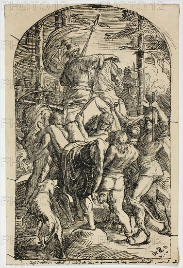 Hagen Leaves Siegfried’s Body to be Carried Home from the Forest, n.d., Julius Schnorr von Carolsfeld, German, 1794-1872, Germany, Etching on tan wove paper, 125 x 82 mm