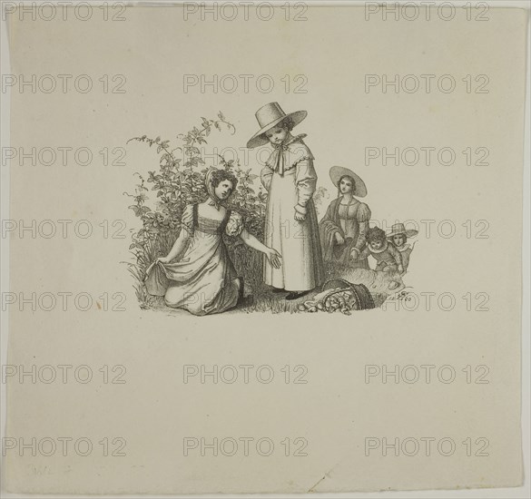 Family with Picnic Baskets, 1820, Ludwig Ferdinand Schnorr von Carolsfeld, German, 1788-1853, Germany, Lithograph on cream wove paper, 82 x 110 mm (image), 185 x 195 mm (sheet)
