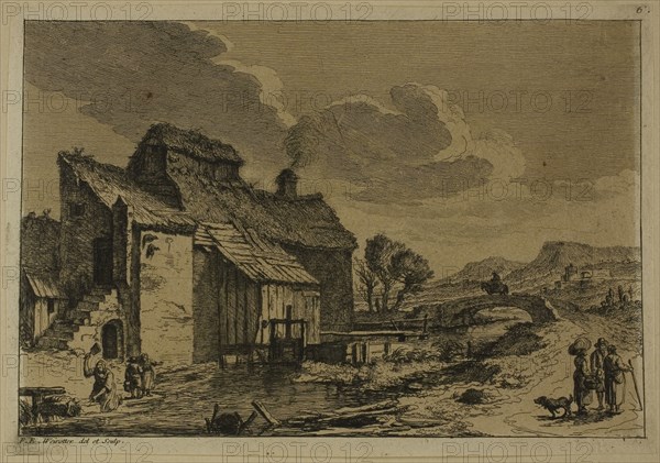 The Mill by the Stream, n.d., Franz Edmund Weirotter, Austrian, 1730-1771, Austria, Etching on light tan wove paper, laid down on tan wove paper, 128 × 192 mm (image), 139 × 199 mm (sheet)