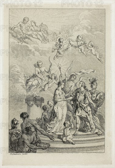 Allegory of the Marriage of the Dauphin Louis to the Infanta Maria Theresa of Spain, n.d., Pierre-Antoine Baudouin, French, 1723-1769, France, Etching on cream paper, 175 × 118 mm (plate), 185 × 125 mm (sheet), 236 × 170 mm (false margin)