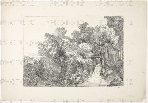 A Mill Lock in the Middle of Willows, plate 97 from Figures de différents caractères, de Paysages, et d’Etudes dessinées d’après nature (Figures of Different Characters, Landscapes, and Studies Drawn from Nature), 1726, François Boucher (French, 1703-1770), after Jean Antoine Watteau (French, 1684-1721), France, Etching on ivory laid paper, 215 × 308 mm (image), 230 × 328 mm (plate)
