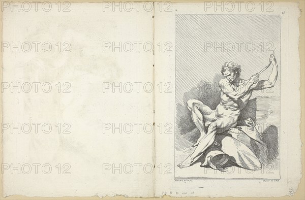 Academic Nude (recto and verso), from Seconde Livre de Figures d’Academies gravées en Partie par les Professeurs de l’ Académie Royale, published 1745, François Boucher (French, 1703-1770), Collin de Vermont (French, 1693-1761), printed by Gabriel Huquier (French, 1695-1772), published by Jombert Père (French, 18th century), France, Etching (recto and verso) on ivory laid paper, 281 × 187 mm (recto plate), 185 × 277 mm (verso plate), 302 × 228 mm (sheet)