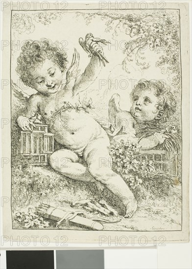 Two Putti with a Bird, n.d., François Boucher, French, 1703-1770, France, Etching on cream laid paper, 184 × 141 mm