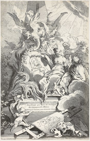 The Graces on the Tomb of Watteau, n.d., François Boucher (French, 1703-1770), printed by Gabriel Huquier (French, 18th century), France, Etching on off-white laid paper, 353 × 320 mm