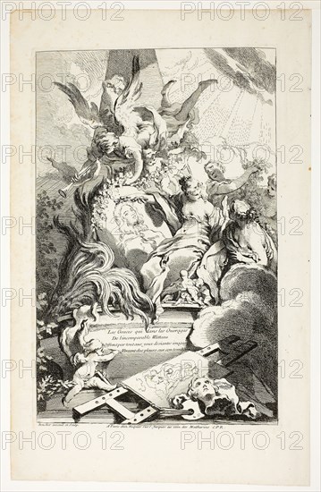 The Graces on the Tomb of Watteau, n.d., François Boucher, French, 1703-1770, France, Etching on ivory laid paper, 353 × 320 mm