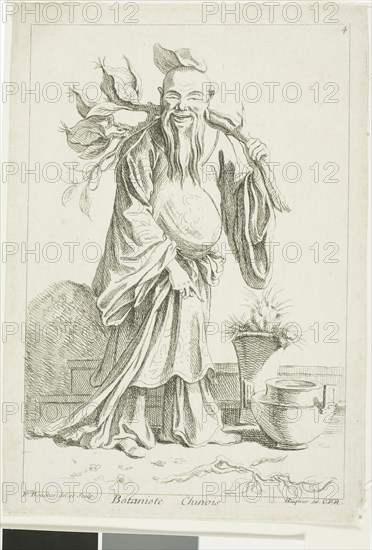 Chinese Botanist, from Recueil de diverses figures chinoise du cabinet de François Boucher, 1738/45, François Boucher (French, 1703-1770), printed by Gabriel Huquier (French, 1695-1772), France, Etching on cream laid paper, 204 × 131 mm