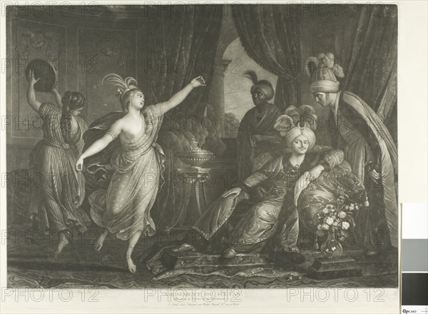 The Amusement of the Sultan, 1786, Michel-Honoré Bounieu, French, 1740-1814, France, Mezzotint on ivory laid paper, laid down on cream wove paper, 376 × 485 mm (plate/sheet), 446 × 641 mm (secondary support)