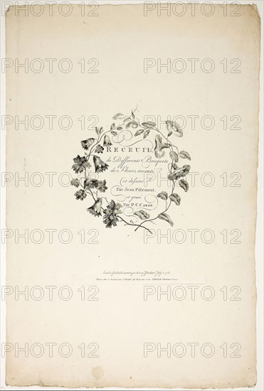 Cover for Collection of Different Bouquets of Flowers, Invented and Drawn by Jean Pillement and Engraved by P. C. Canot, published July 4, 1760, Pierre-Charles Canot (French, 1710-1777), after Jean-Baptiste Pillement (French, 1728-1808), published by Charles Leviez (French, 1708-1778), France, Etching with engraving on ivory laid paper, 301 × 213 mm (plate), 540 × 359 mm (sheet)