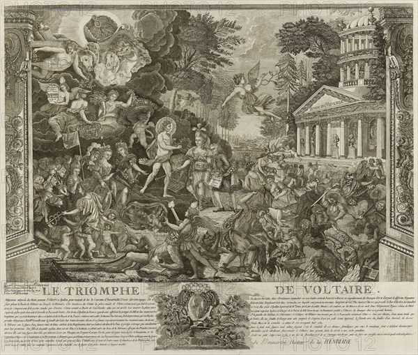Le Triomphe de Voltaire, 1778/79, A. Duplessis, French, 18th century, France, Etching on ivory laid paper, 398 × 588 mm (image), 497 × 604 mm (image with te×t and vignette), 508 × 609 mm (plate), 595 × 872 (sheet)