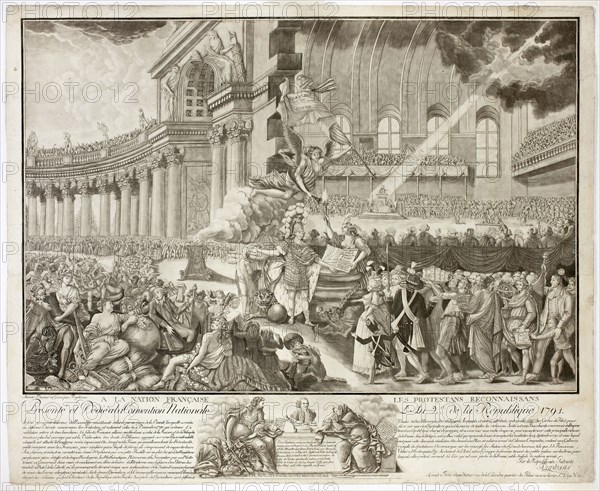 Presenté et dedié a la convention National l’an 2 de la Republique, 1793, A. Duplessis, French, 18th century, France, Etching and stipple engraving, roulette and burnishing in black on off-white laid paper, 410 × 608 mm (image), 524 × 641 mm (sheet)