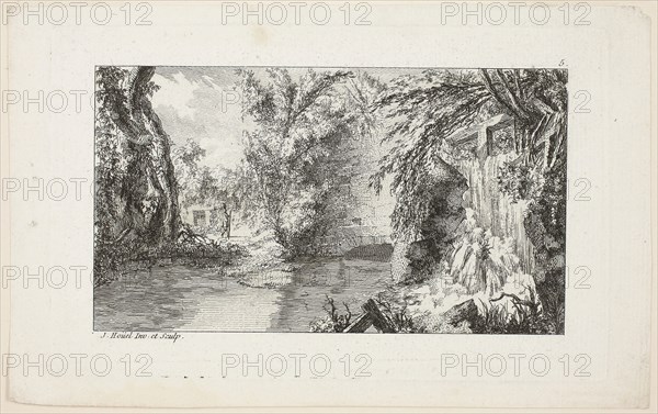 Landscape with a Walker and a Cascade, plate 5 from the second suite Livre de paysages (Book of Landscapes), 1758, Jean-Pierre-Louis-Laurent Hoüel, French, 1735-1813, France, Etching in black on off-white laid paper, 85 × 150 mm (image), 108 × 175 mm (plate), 128 × 203 mm (sheet)