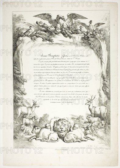Biography Page from Oeuvres de J. B. Huet, 1796–99, Jean Baptiste Huet, French, 1745-1811, France, Etching on paper, 480 × 350 mm