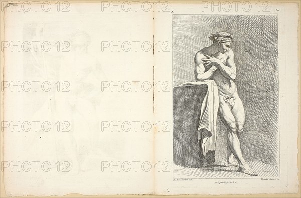 Figure (recto and verso), from Premier livre de figures d’Academies gravées en Partie par les Professeurs de l’ Académie Royale, published 1737, Gabriel Huquier (French, 1695-1772), after Edme Bouchardon (French, 1698-1762), Pierre Aveline (French, 1702-1760), after Charles-Joseph Natoire (French, 1700-1777), printed by Gabriel Huquier (French, 1695-1772), published by Jombert Père (French, 18th century), France, Etching (recto and verso) on ivory laid paper, 281 × 189 mm (recto plate), 270 × 181 mm (verso plate), 299 × 227 mm (sheet)