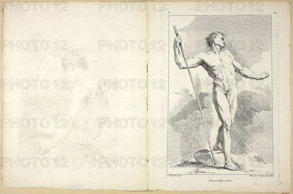 Figure (recto and verso), from Seconde livre de figures d’Academies gravées en Partie par les Professeurs de l’ Académie Royale, published 1745, Gabriel Huquier (French, 1695-1772), after Charles-Joseph Natoire (French, 1700-1777), Pierre Aveline (French, 1702-1760), after Edme Bouchardon (French, 1698-1762), printed by Gabriel Huquier (French, 1695-1772), published by Jombert Père (French, 18th century), France, Etching (recto and verso) on ivory laid paper, 271 × 181 mm (recto plate), 271 × 181 mm (verso plate), 307 × 230 mm (sheet)