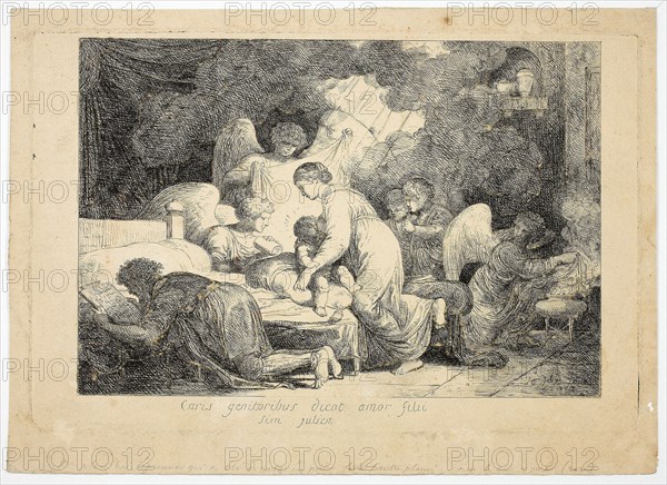 The Holy Family Served by Angels, 1773, Simon Julien, French, 1735-1800, France, Etching on cream laid paper, 176 × 270 mm (plate), 208 × 289 mm (sheet)