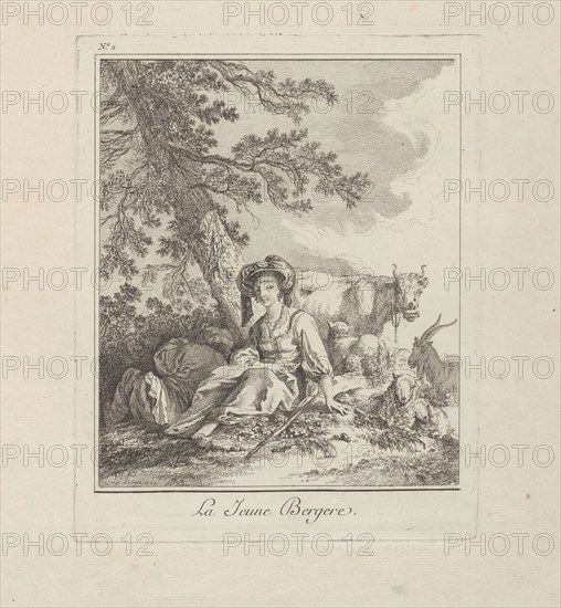 The Young Shepherdess, plate two from Divers Habillements des Peuples du Nord, 1765, Jean Baptiste Le Prince, French, 1734-1781, France, Etching on ivory laid paper, 189 × 161 mm (image), 223 × 178 mm (plate), 550 × 399 mm (sheet)